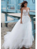 Beaded Scoop Neck Ivory Lace Tulle Boho Beach Wedding Dress